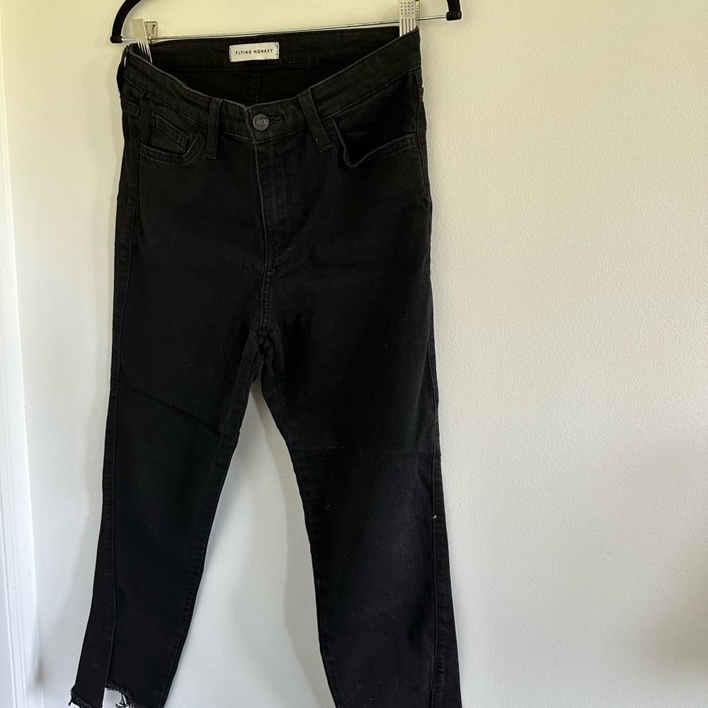 Flying Monkey Black Jeans with Ankle Slit and Distressed Hem (Size 29)